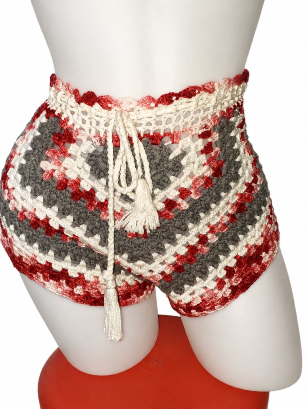 Handmade Boho Granny Square Crochet Shorts Pink White Gray Womens Size Small